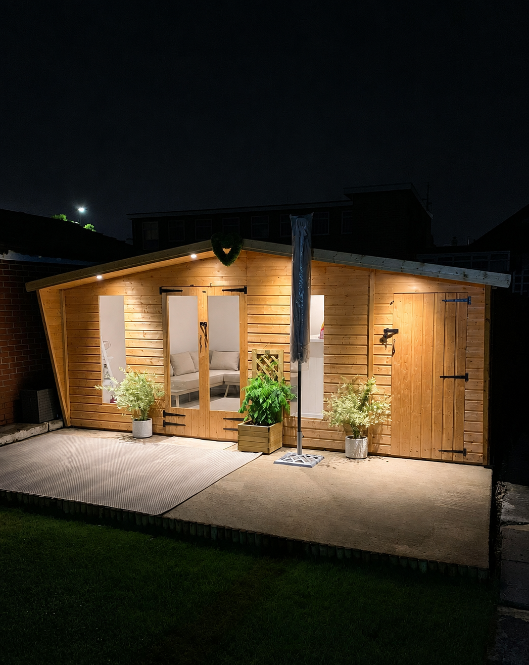 Outdoor garden room lit by downlights installed by T.D Electrical & Building Services